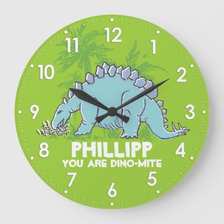 Kids Dinosaur Stegosaurus Green Blue Name Clock