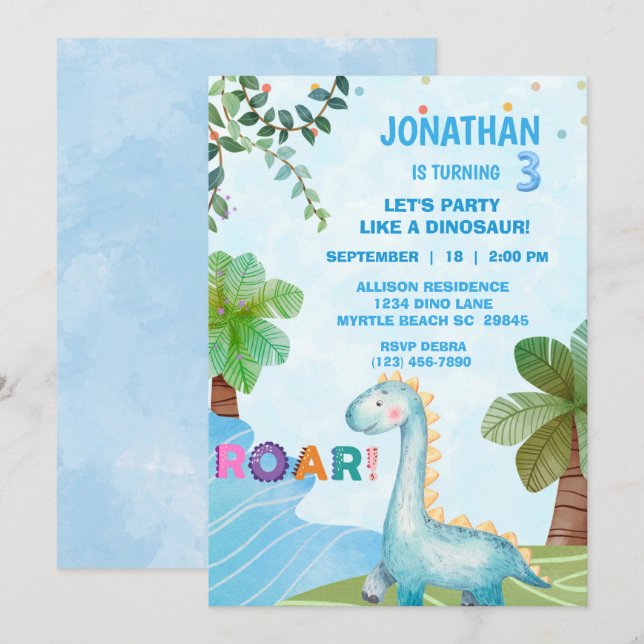   Kids Dinosaur T Rex Birthday Party Invitation (Front/Back)