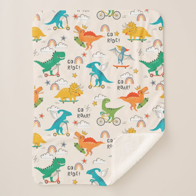 Kids Dinosaur Traveling Pattern Sherpa Blanket (Front)
