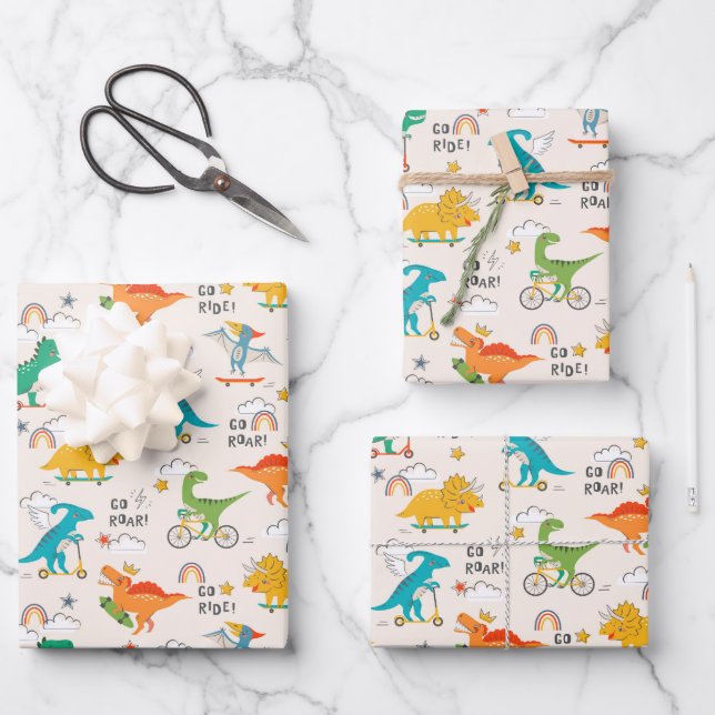 Kids Dinosaur Traveling Pattern Wrapping Paper Sheets (Front)