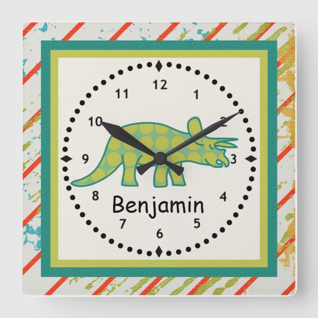 Kids' Dinosaur Wall Clock Green Tricerotops (Front)