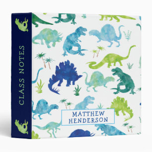 Kids Dinosaur Watercolor School Personalized Green 3 Ring Binder