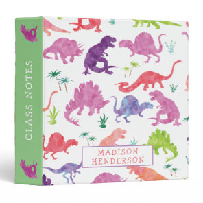 Kids Dinosaur Watercolor School Personalized Pink 3 Ring Binder