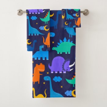Kids Dinosaurs At Night Blue Orange Green Pattern Bath Towel Set by LilPartyPlanners at Zazzle