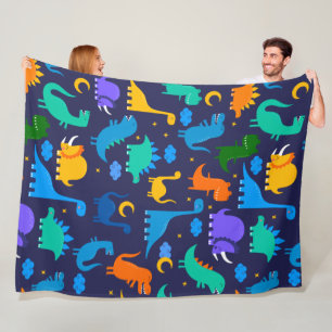 Kids Dinosaurs At Night Blue Orange Green Pattern Fleece Blanket