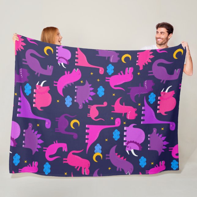 Kids Dinosaurs At Night Girls Pink Purple Cute Fleece Blanket (In Situ)