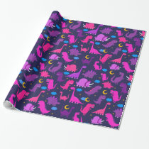 Kids Dinosaurs At Night Girls Pink Purple Cute Wrapping Paper