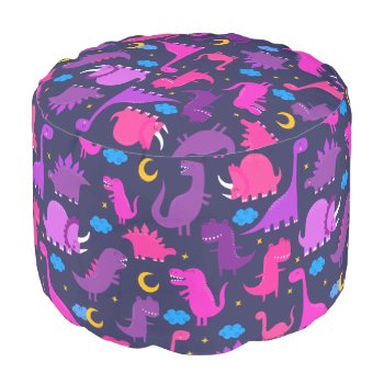 Kids Dinosaurs At Night Pink Purple Girls Pattern Pouf by LilPartyPlanners at Zazzle
