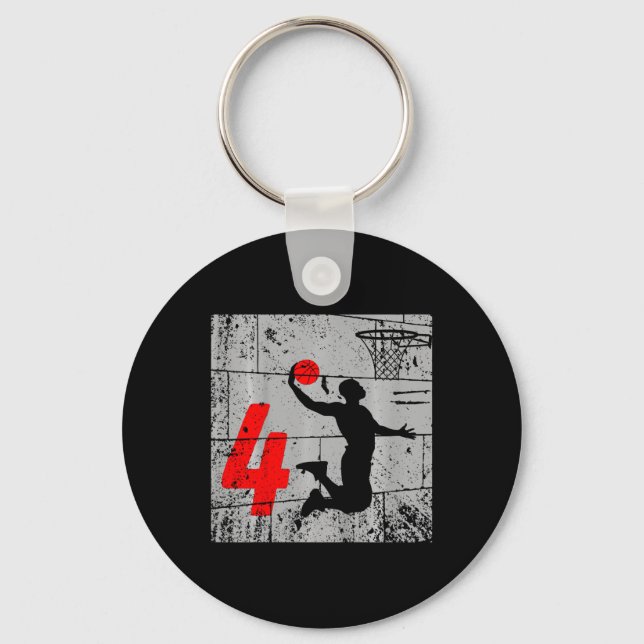 Kids Distressed 4 Year Old 4th Bysketbyll Birthday Keychain (Front)