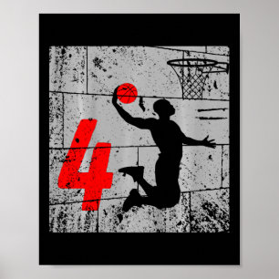 Kids Distressed 4 Year Old 4th Bysketbyll Birthday Poster