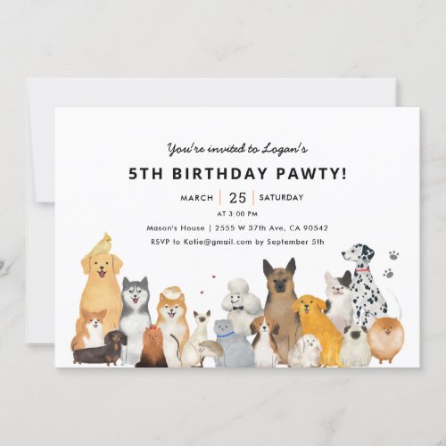 Kids Dog Puppy 5thPawty Birthday Party  Invitation