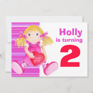 Kids doll 2nd birthday pink birthday invite