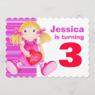 Kids doll 3rd birthday pink birthday invite