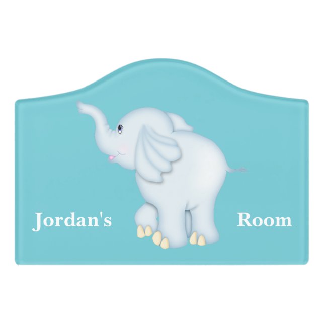 Kid's Door Sign Cute Blue Baby Elephant (Small Crest Front)