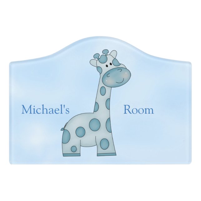 Kid's Door Sign Cute Blue Giraffe (Small Crest Front)