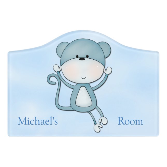 Kid's Door Sign Cute Blue Monkey (Small Crest Front)