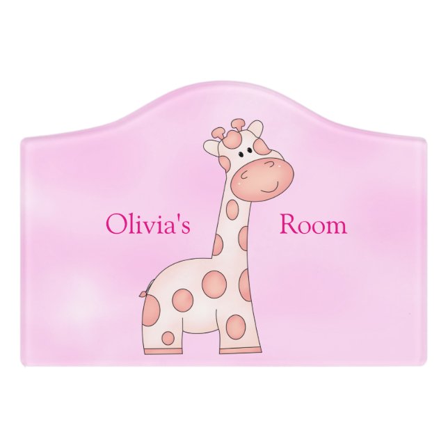 Kid's Door Sign Cute Pink Giraffe (Small Crest Front)