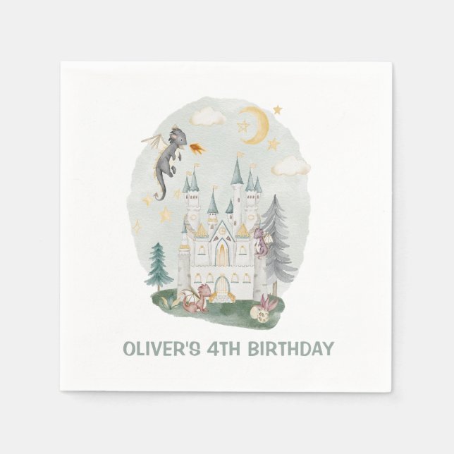 Kids dragon castle magical birthday napkins (Front)
