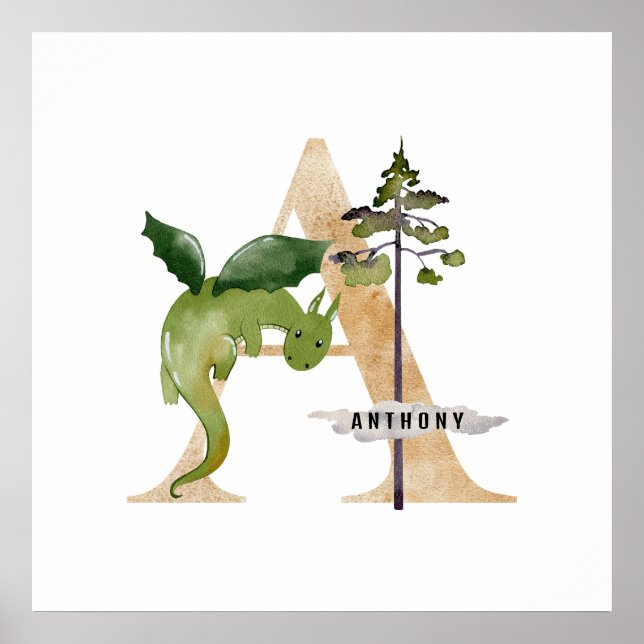 Kids Dragon Custom Name Monogram A Nursery Room Poster (Front)