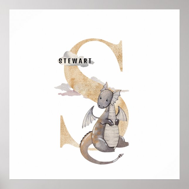 Kids Dragon Custom Name Monogram S Nursery Room Poster (Front)