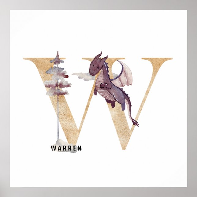 Kids Dragon Custom Name Monogram W Nursery Room Poster (Front)