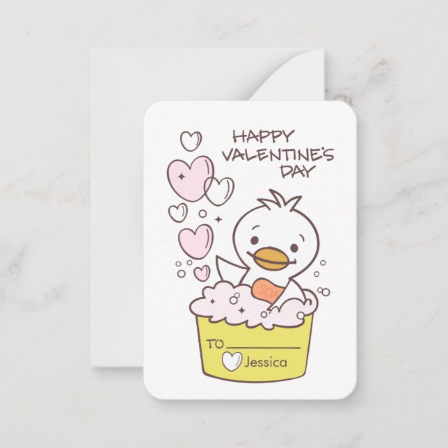 Kids Duck Bubble Bath Hearts Classroom Valentine Note Card (Front)