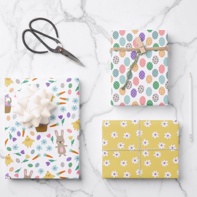Kids Easter Bunny Chickens Mixed Easter Patterns Wrapping Paper Sheets (Front)