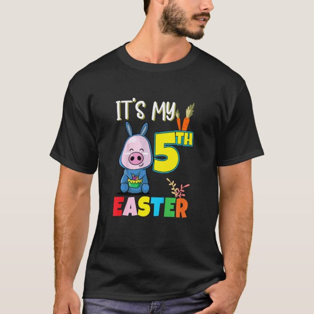 Kids Easter Egg Hunt 5th Birthday Cute Easter Pig T-Shirt (Front)