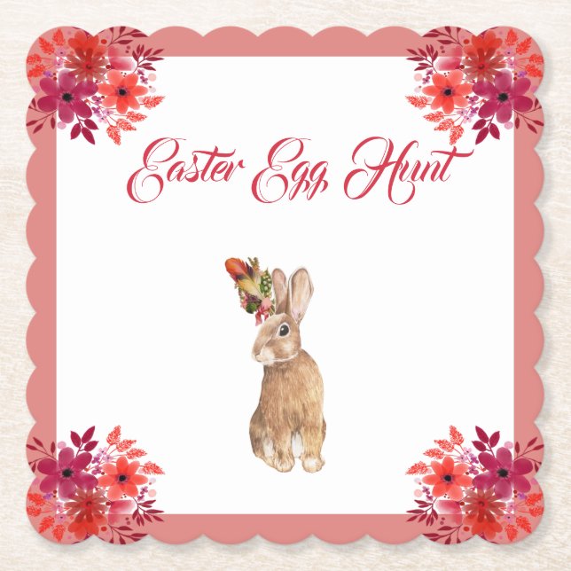Kid's Easter Egg Hunt Bunny Floral Frame Paper Coaster (Front)