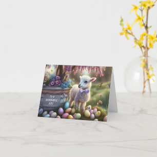 Kids Easter with Cute Lamb Eggs Flowers Card