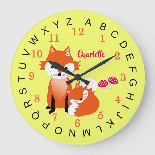 Kids Educational Alphabet Cute Fox Personalized Large Clock (Front)
