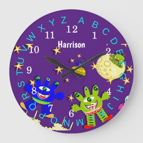Kids Educational Outer Space Monsters Personalized Large Clock