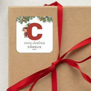 Kids Elf Inital C Christmas Square Sticker