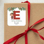 Kids Elf Initial E Christmas Square Sticker<br><div class="desc">Give the gift of personalized charm this Christmas! Our monogram stickers,  featuring Santa hiding behind the letter E,  are a unique and thoughtful way to show your love. Customize with a name,  year and a heartfelt greeting. Make your Christmas gifts stand out!</div>