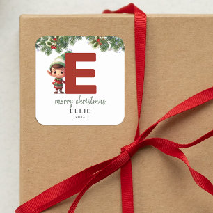 Kids Elf Initial E Christmas Square Sticker
