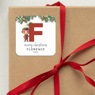 Kids Elf Initial F Christmas Square Sticker