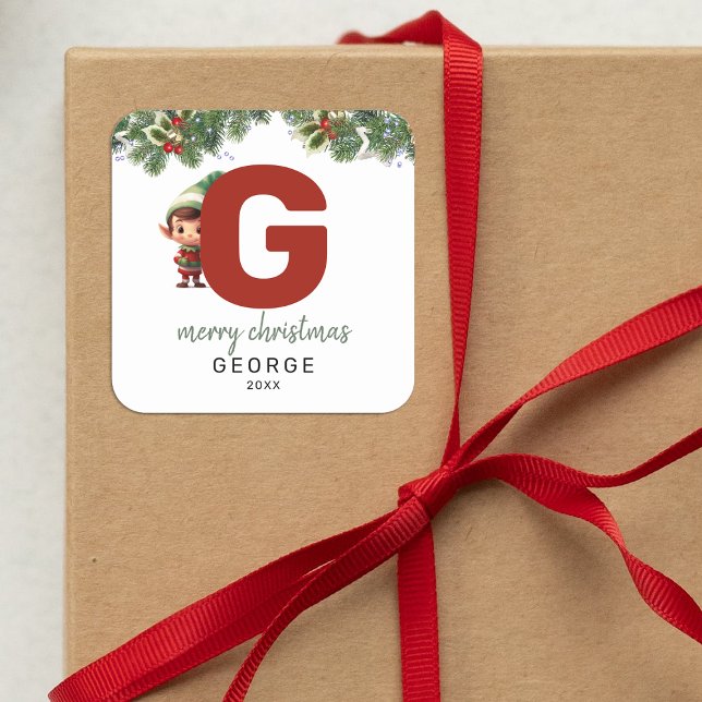 Kids Elf Initial G Christmas Square Sticker (Creator Uploaded)