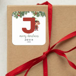 Kids Elf Initial J Christmas Square Sticker<br><div class="desc">Give the gift of personalized charm this Christmas! Our monogram stickers,  featuring Santa's elf hiding behind the letter J,  are a unique and thoughtful way to show your love. Customize with a name,  year and a heartfelt greeting. Make your Christmas gifts stand out!</div>