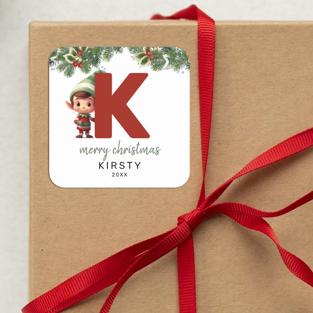 Kids Elf Initial K Christmas Square Sticker (Creator Uploaded)