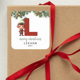 Kids Elf Initial L Christmas Square Sticker