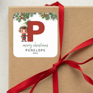 Kids Elf Initial P Christmas Square Sticker