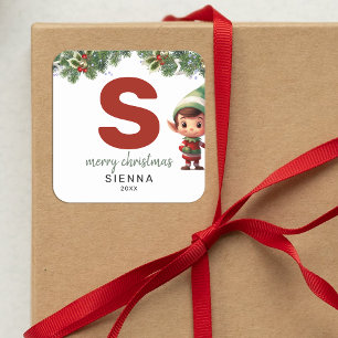 Kids Elf Initial S Christmas Square Sticker