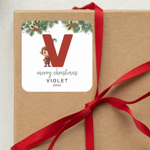 Kids Elf Initial V Christmas Square Sticker