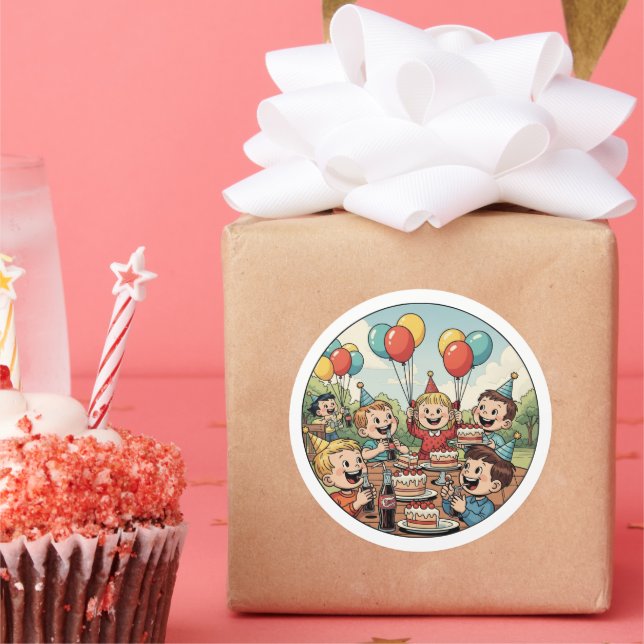Kids Enjoying their Cakes, Sodas and Balloons Classic Round Sticker (Party)