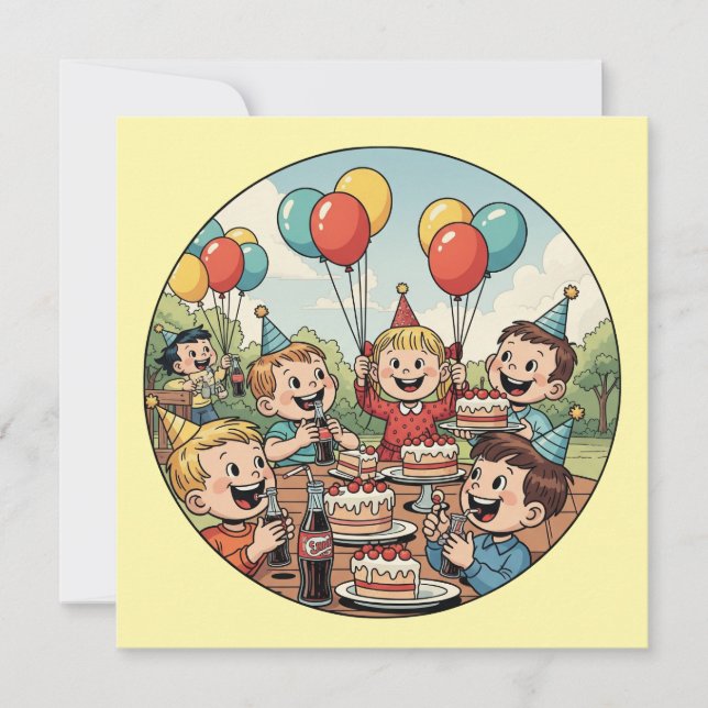 Kids Enjoying their Cakes, Sodas and Balloons Invitation (Front)