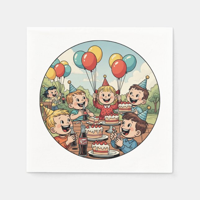 Kids Enjoying their Cakes, Sodas and Balloons Napkins (Front)