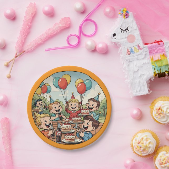 Kids Enjoying their Cakes, Sodas and Balloons Paper Plates (Party)