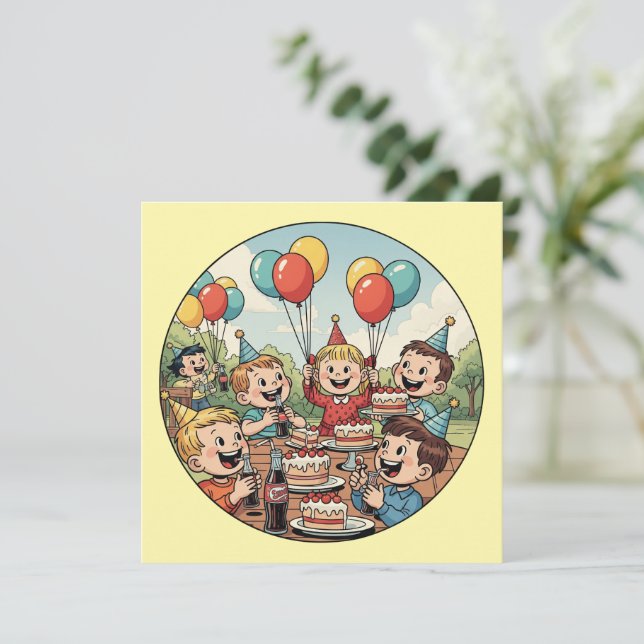 Kids Enjoying their Cakes, Sodas and Balloons Save The Date (Standing Front)