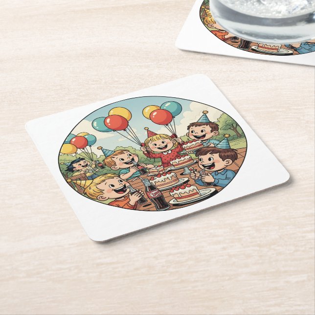 Kids Enjoying their Cakes, Sodas and Balloons Square Paper Coaster (Angled)