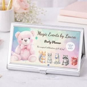 Kids Event Party Planner Pastel Teddy Bear Logo Business Card Case